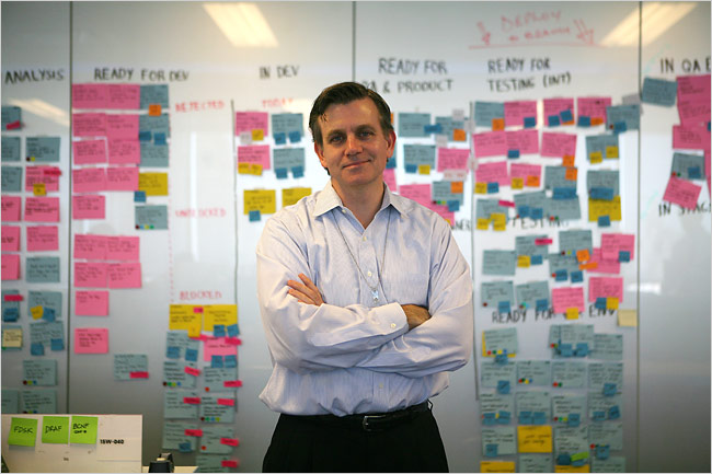 kanban board at bloomberg, showing how they develop software